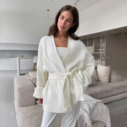 Cardigan enveloppant en maille côtelée confortable avec ceinture à nouer