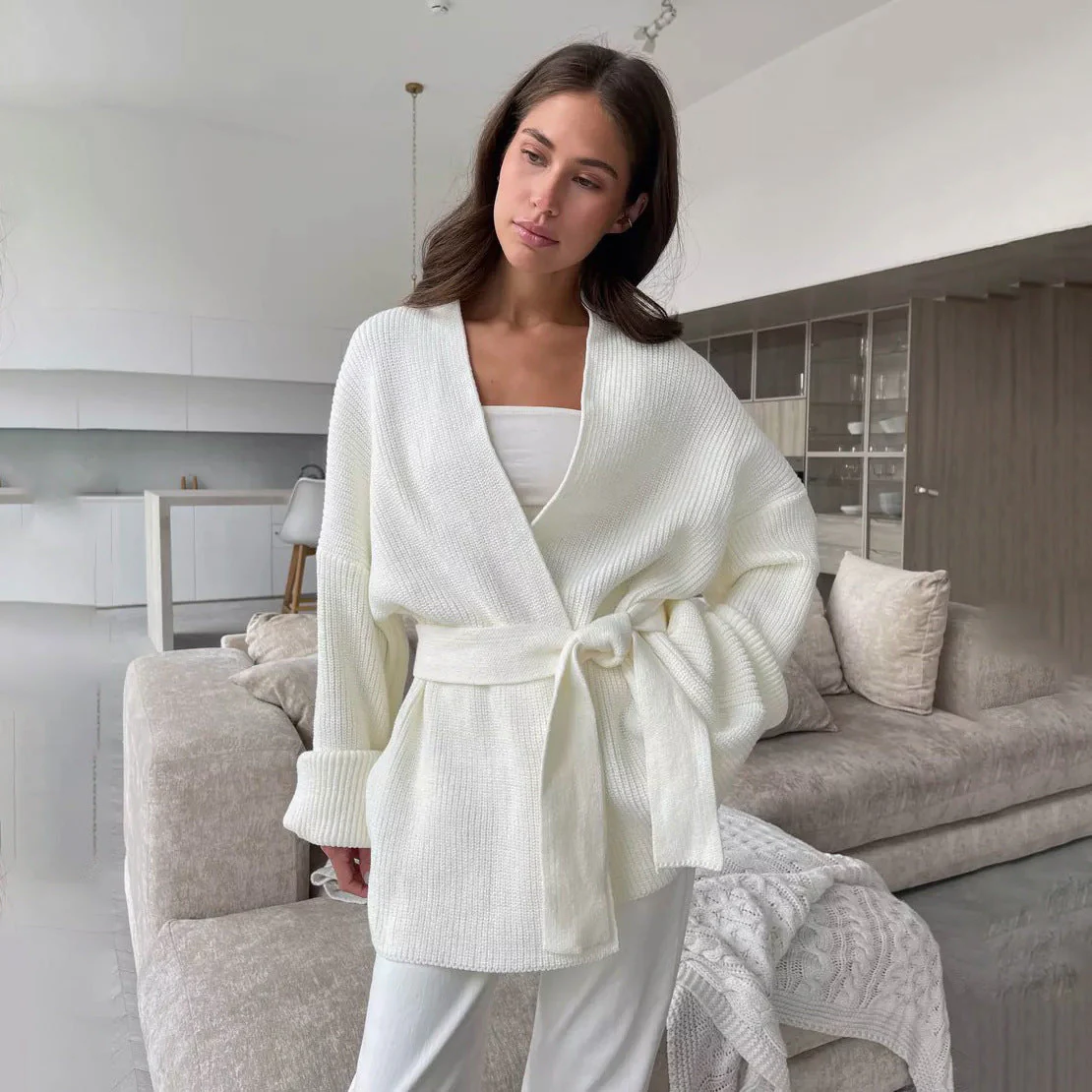 Cardigan enveloppant en maille côtelée confortable avec ceinture à nouer
