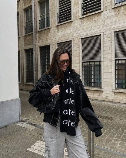 Veste en Cuir Élégante Femmes avec Revers Oversized