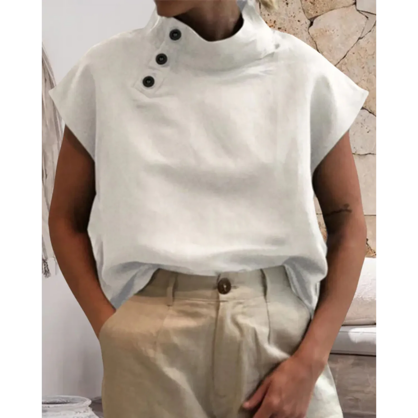 Blouse de bureau en coton et lin avec détails de boutons