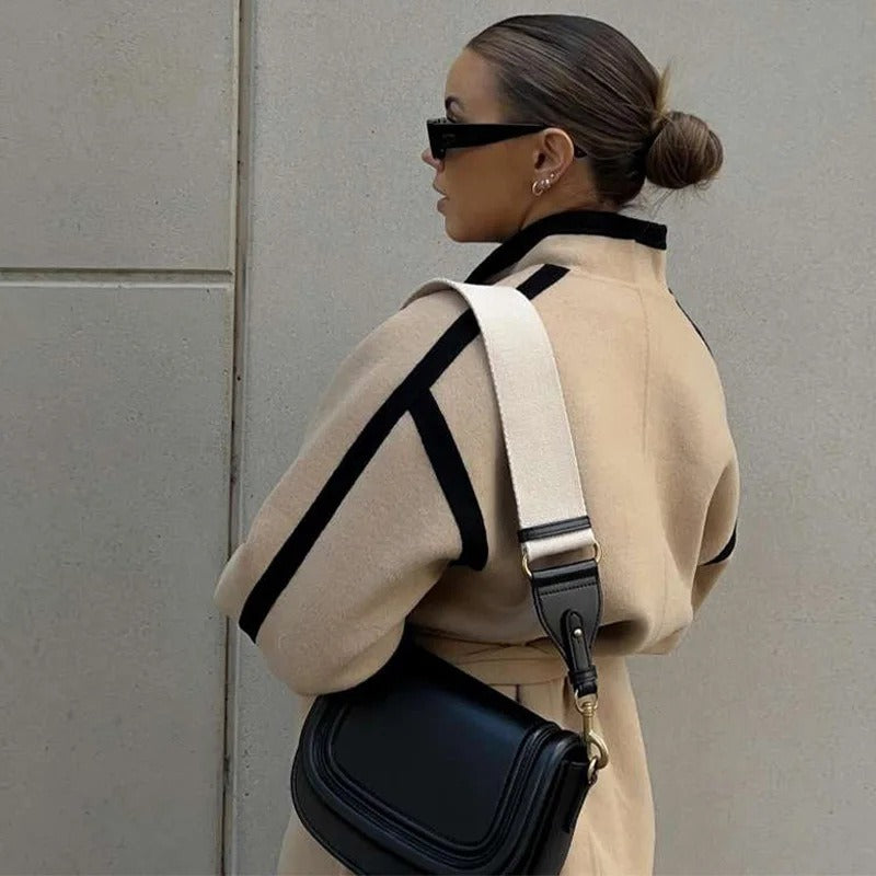 Blazer ceinturé chic à détail contrasté pour femme