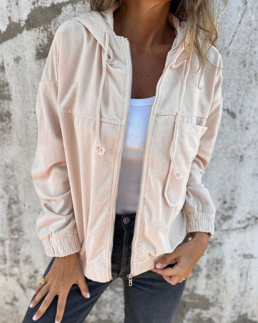 Veste décontractée légère en velours côtelé avec capuche pour femme