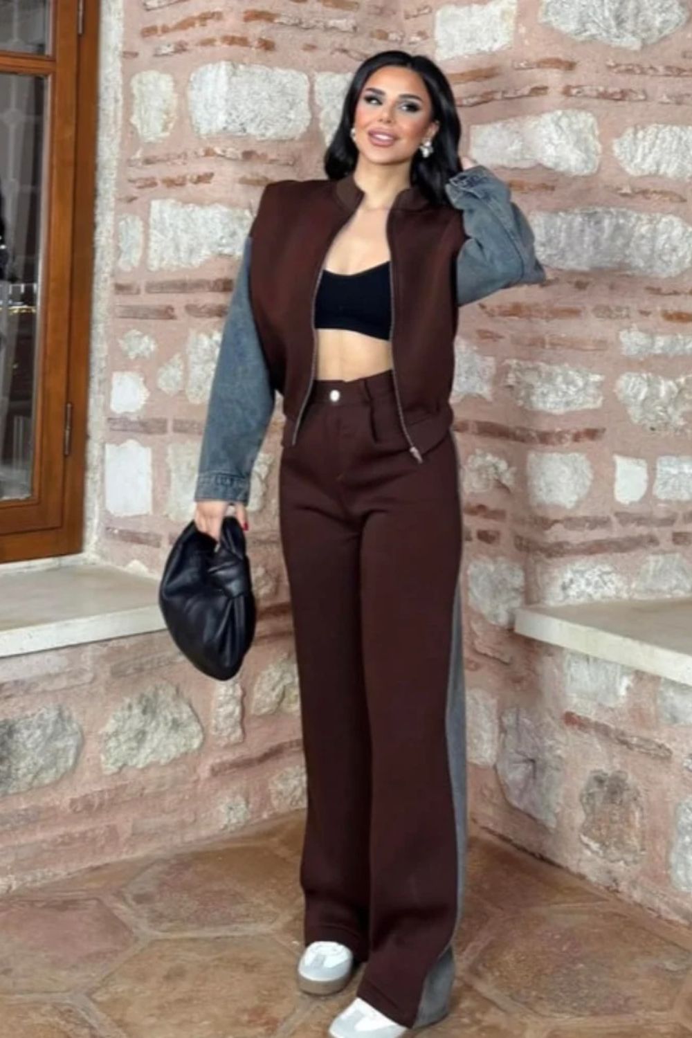 Veste Sweat-shirt Décontractée en Jean avec Patchwork et Fermeture Éclair