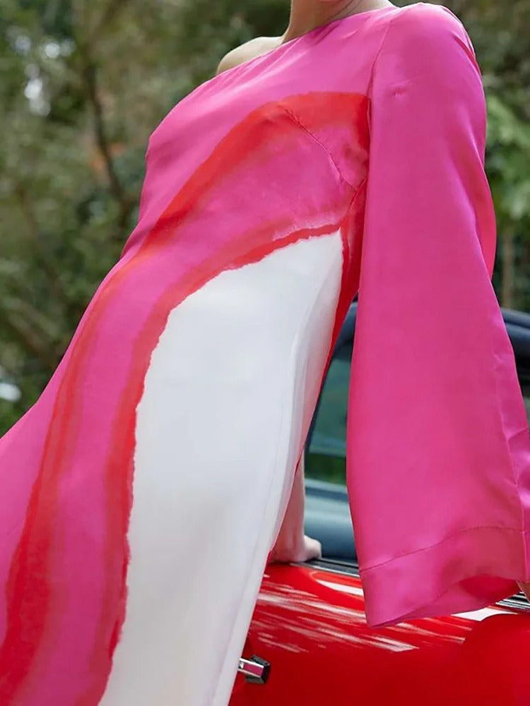 Robe longue bohème à épaules dénudées avec patchwork et manches lanterne