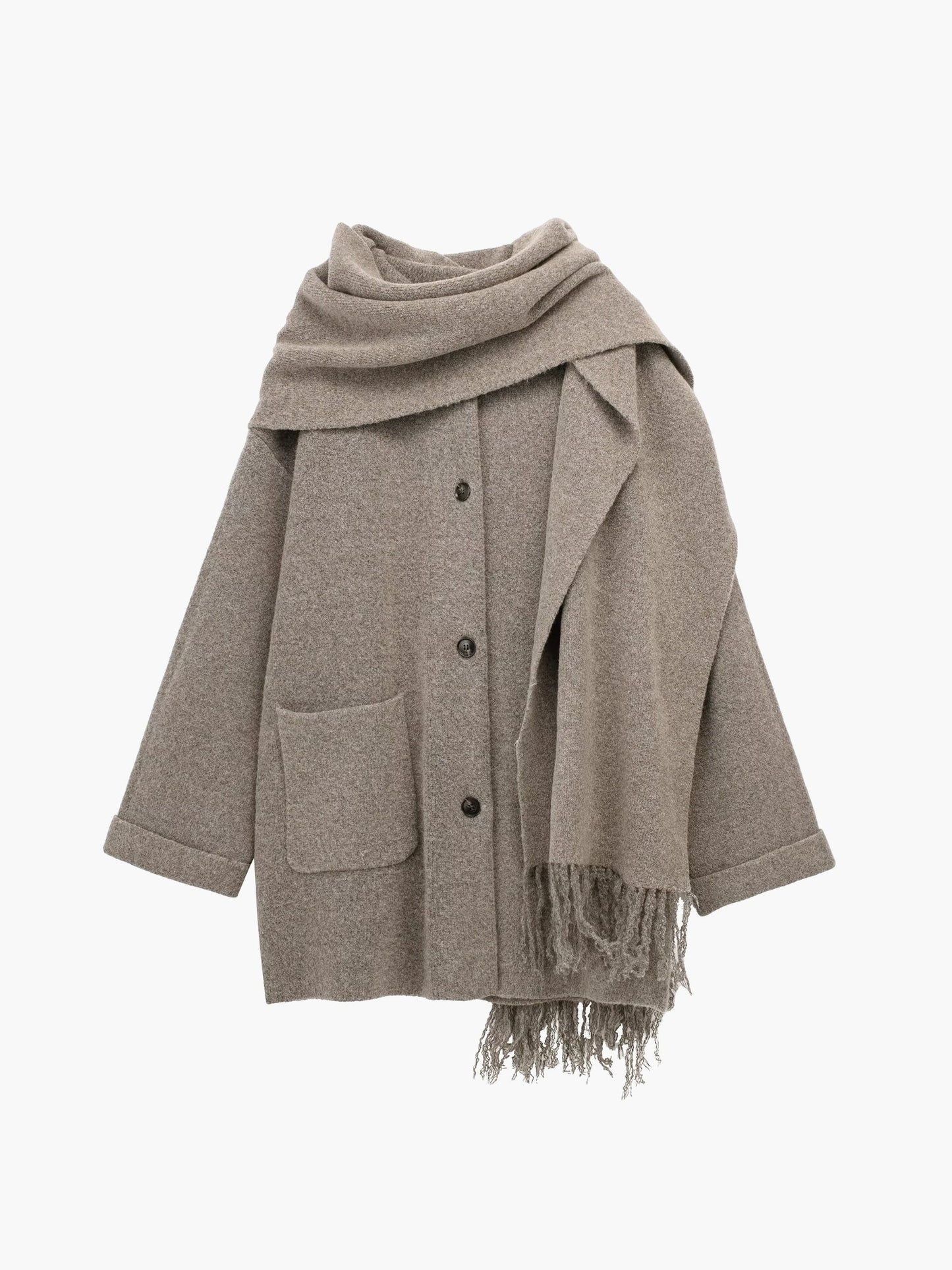 Manteau moderne avec patte de boutonnage sur toute la longueur et jeu d'écharpes à glands assorti