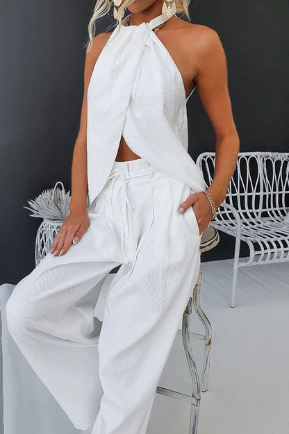 Ensemble haut fendu devant en mélange de lin avec pantalon large