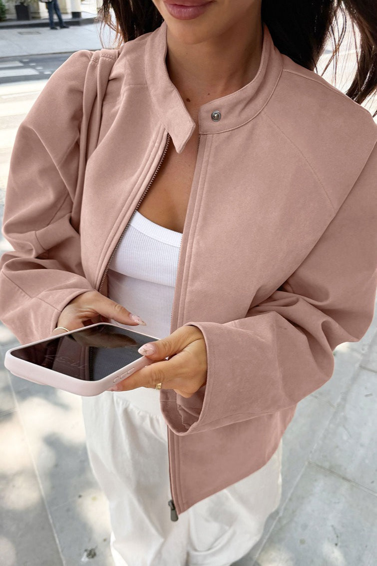 Veste Chic en Daim à Col Montant avec Manches Longues