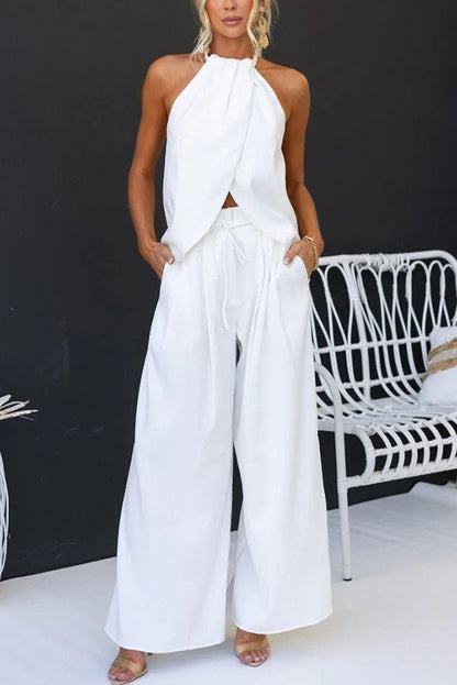 Ensemble haut fendu devant en mélange de lin avec pantalon large