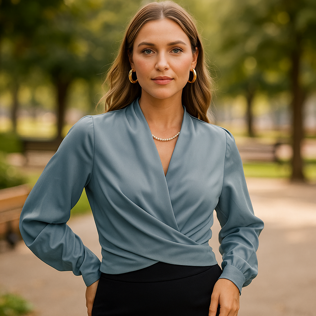 Blouse Chic à Manches Bouffantes et Col V pour un Style Sans Effort