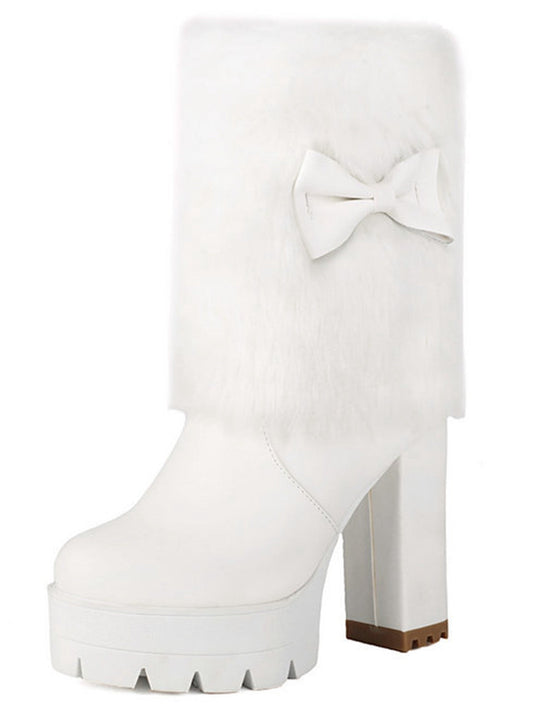 Bottes en peluche à talon épais avec nœud vintage décoratif