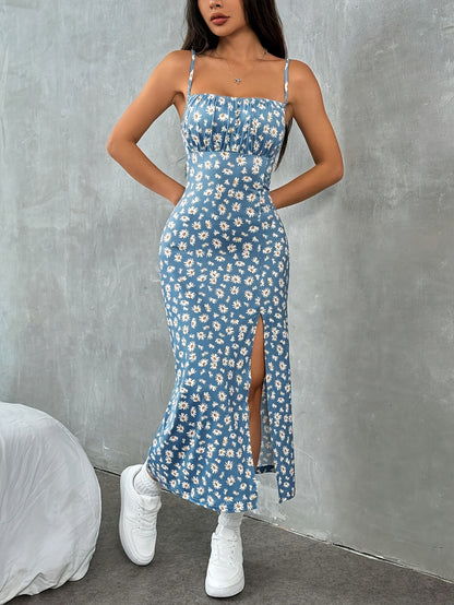 Robe Florale à Décolleté Carré Sans Manches et Fente Pour Femme