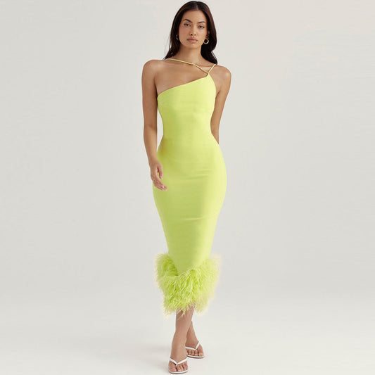 Robe Midi Asymétrique Cintrée avec Plumes Femmes