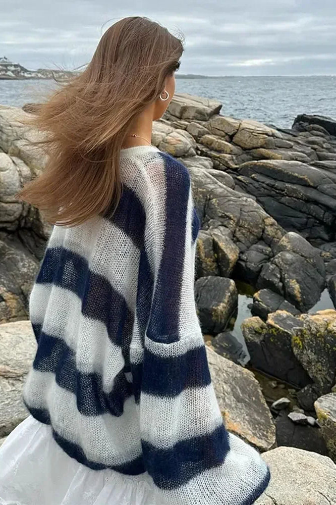 Cardigan en tricot rayé confortable à col en V