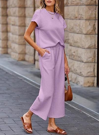 Ensemble détente texturé deux pièces avec pantalon à jambes larges