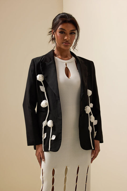 Veste Blazer à Manches Longues à Contraste Floral