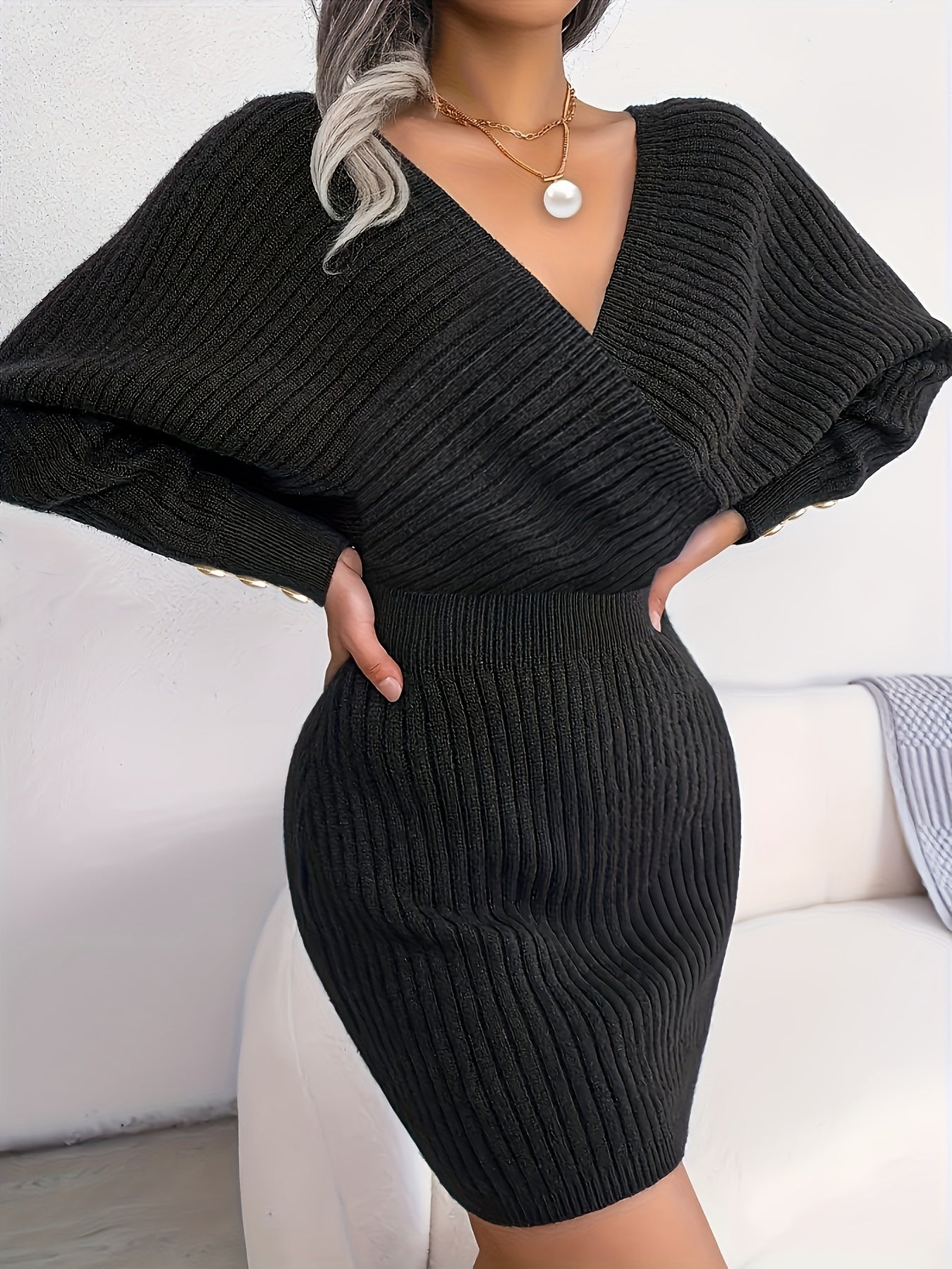 Robe en tricot élégante à col en V pour femme