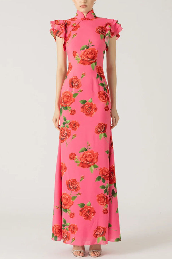 Robe longue cheongsam fleurie avec manches évasées à volants en étages
