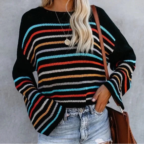 Pull en maille rayé à col en V confortable pour un look décontracté d'automne
