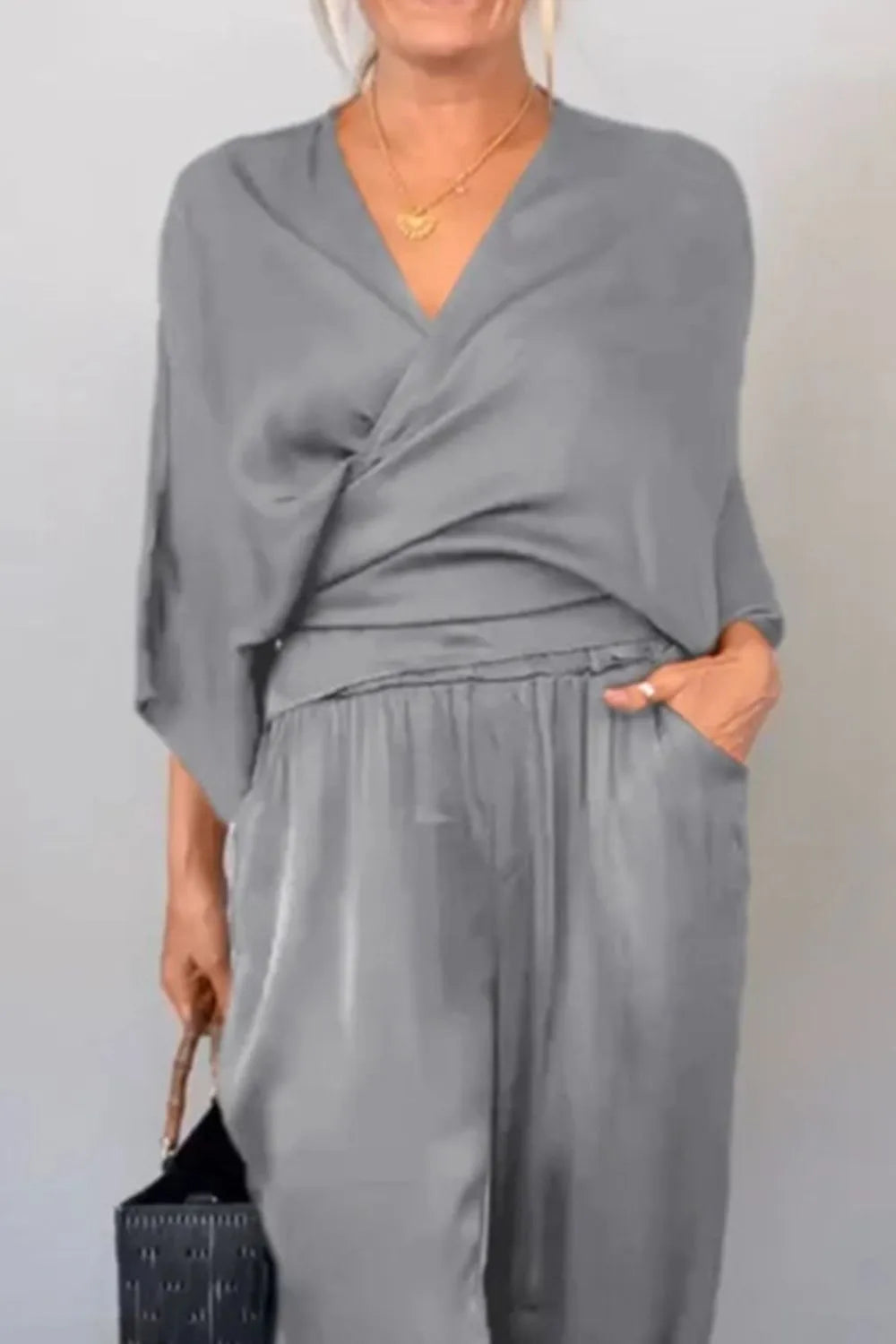 Ensemble Chic Haut Cache-cœur et Pantalon Décontracté Relaxé