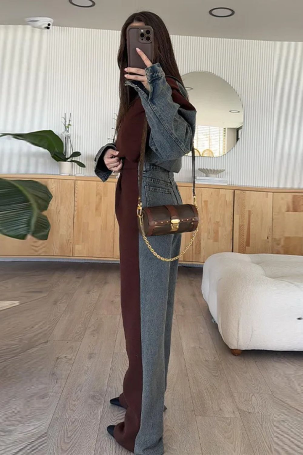 Veste Sweat-shirt Décontractée en Jean avec Patchwork et Fermeture Éclair