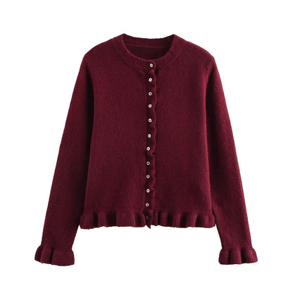 Cardigan à boutons pour femmes avec volants, haut superposé chic