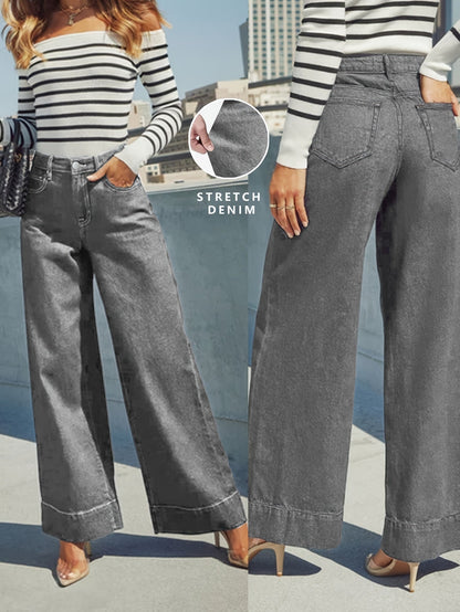 Jean en denim extensible taille haute à jambes larges avec ourlet revers