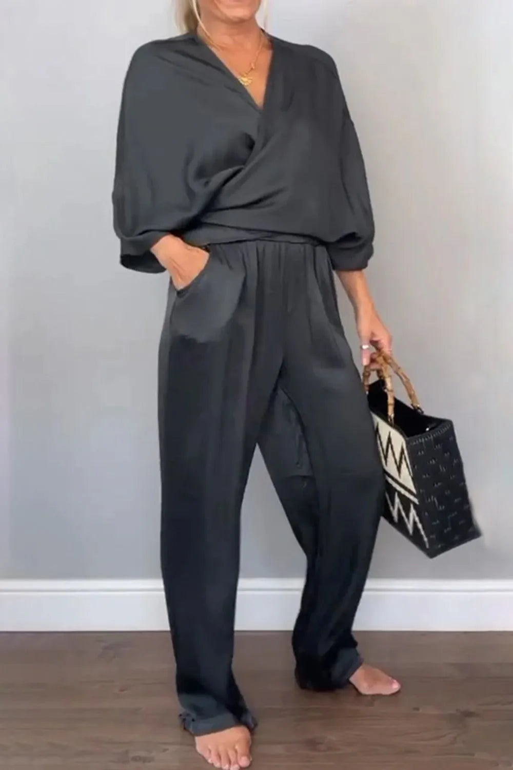 Ensemble Chic Haut Cache-cœur et Pantalon Décontracté Relaxé