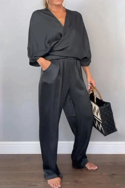 Ensemble Chic Haut Cache-cœur et Pantalon Décontracté Relaxé