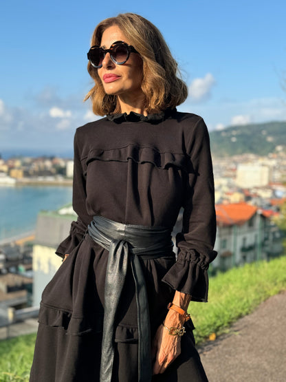 Robe Noire Décontractée à Volants pour Femme