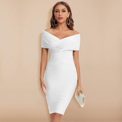 Robe Midi Femme Ajustée Épaules Dégagées Col en V