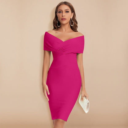 Robe Midi Femme Ajustée Épaules Dégagées Col en V