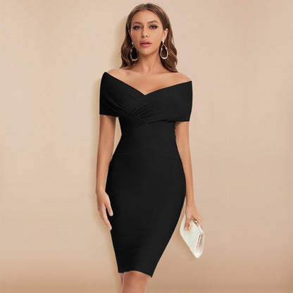 Robe Midi Femme Ajustée Épaules Dégagées Col en V