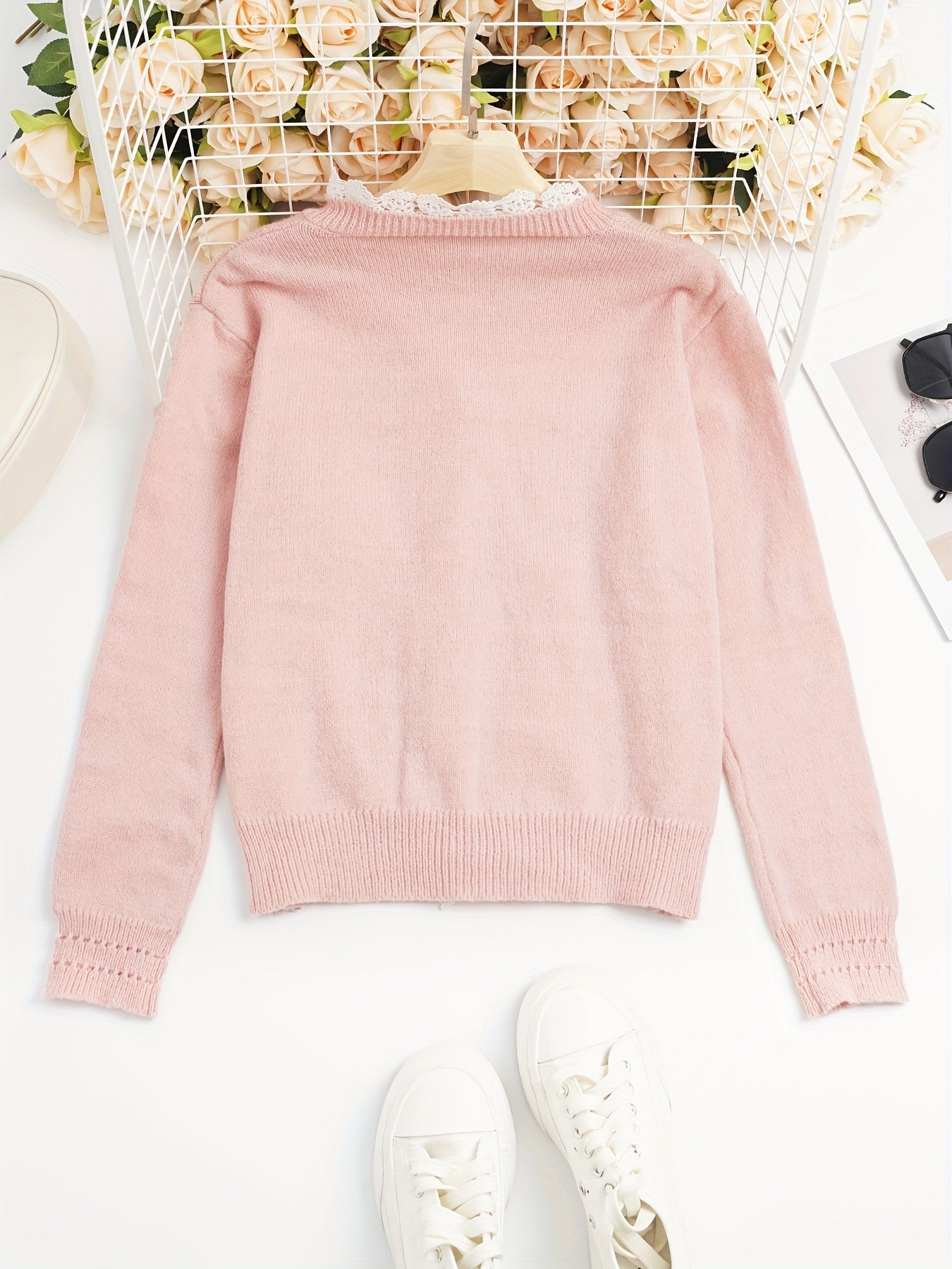 Cardigan Tricoté en Dentelle Rose pour Femmes