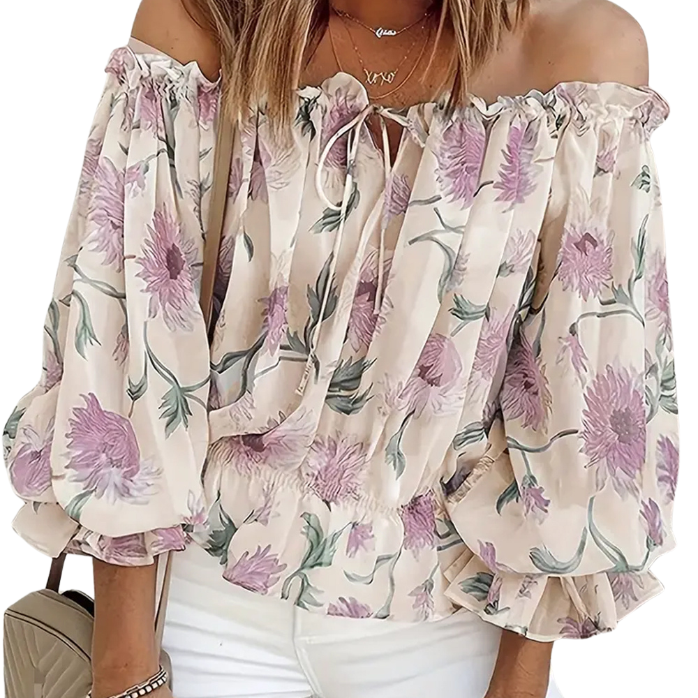 Blouse florale sans épaules avec manches bouffantes