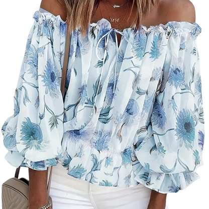 Blouse florale sans épaules avec manches bouffantes