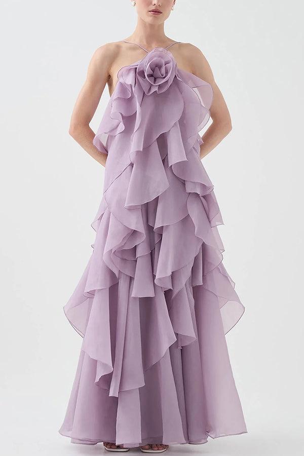 Robe Maxi à Volants à Plusieurs Niveaux avec Col Halter et Détail Rose