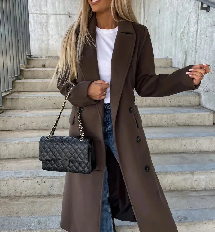 Manteau chic ceinturé à double boutonnage avec poches