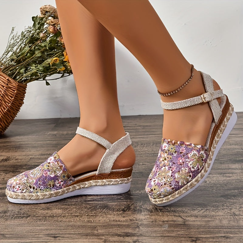 Sandales Compensées À Lanière Boucle Florale Femme