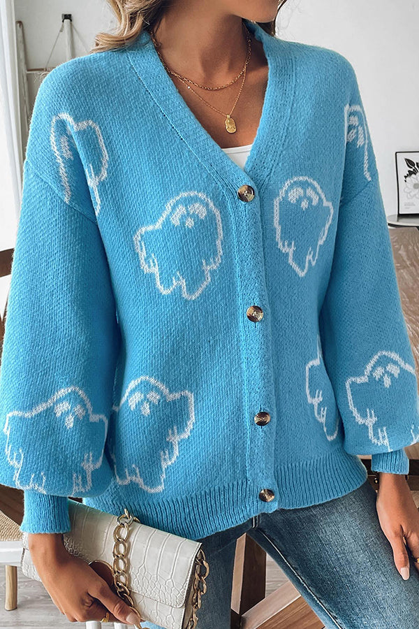 Cardigan boutonné en maille avec fantôme d'Halloween douillet