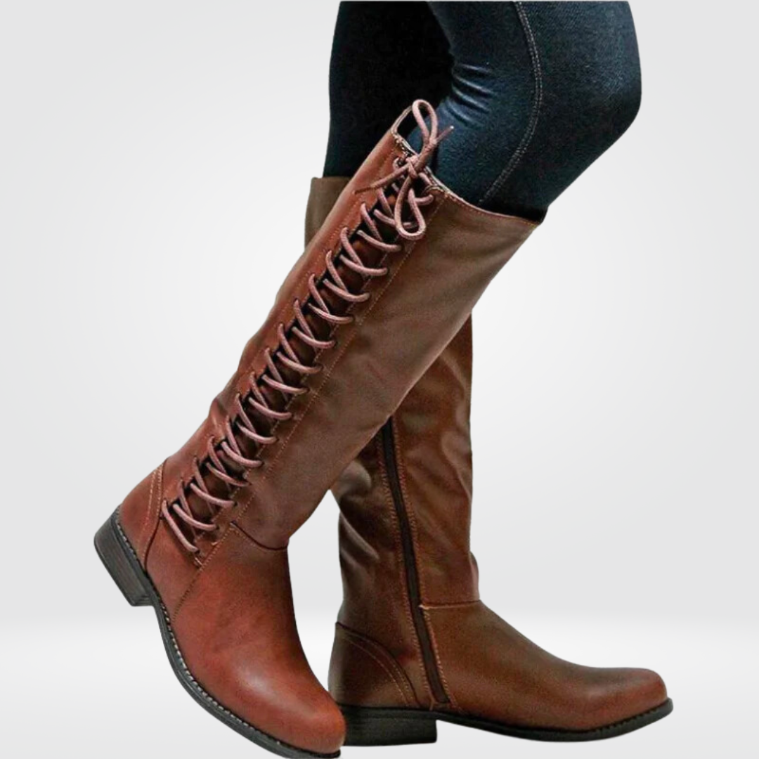 Bottes à talon carré aspect cuir pour femmes avec fermeture éclair et lacets