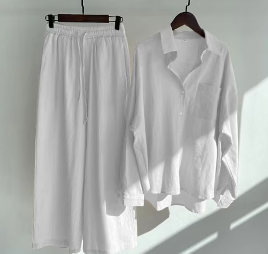 Ensemble décontracté de blouse en lin et de pantalon à jambes larges