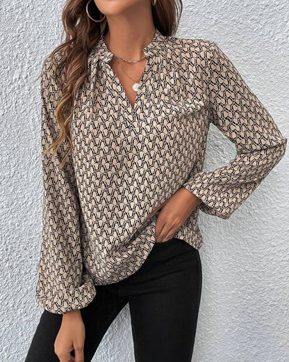 Blouse à col en V avec impression et manches longues - Haut aéré pour le bureau et les loisirs