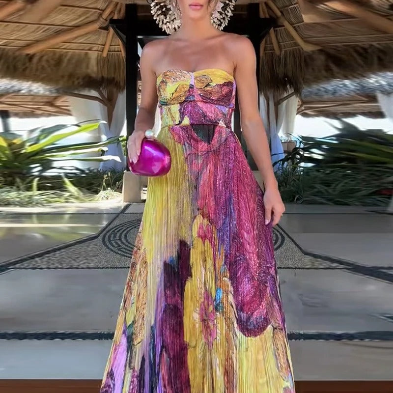 Robe Maxi Fleurie avec Encolure en Cœur et Détails Plissés