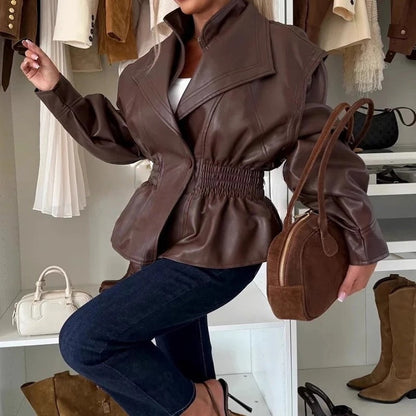 Veste Moto Chic en Similicuir à Revers avec Taille Élastique