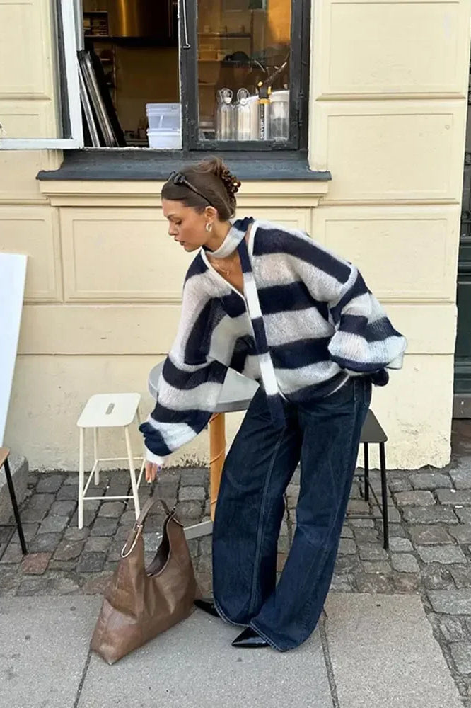 Cardigan en tricot rayé confortable à col en V