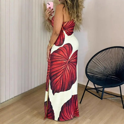 Robe longue élégante à une épaule avec imprimé palmier