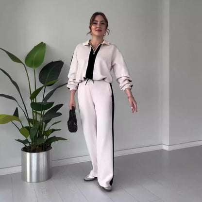 Ensemble chic 2 pièces avec haut à col à fermeture éclair et pantalon