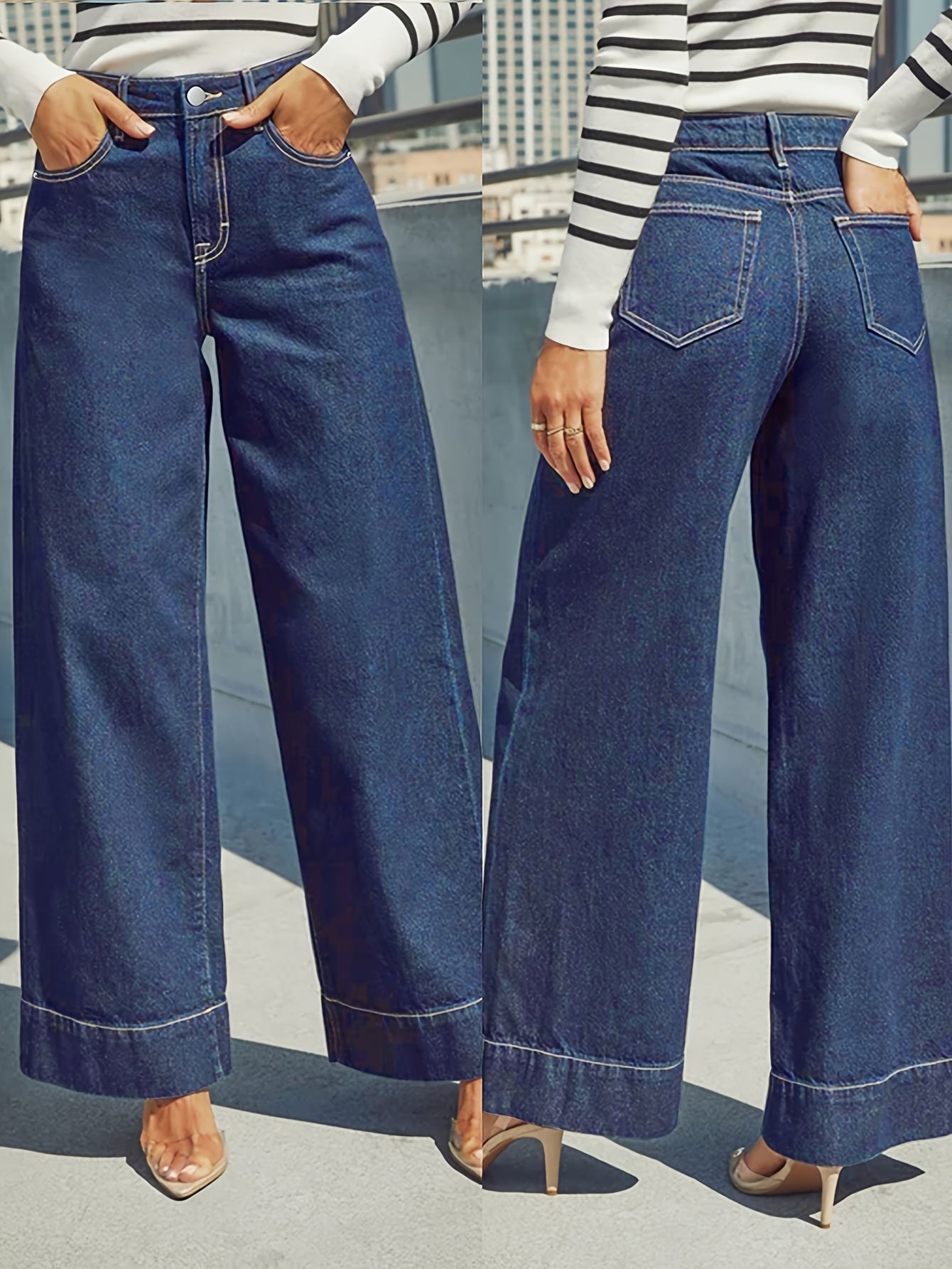 Jean en denim extensible taille haute à jambes larges avec ourlet revers