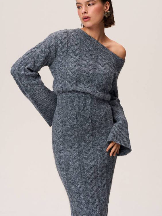 Robe Midi Tricotée Grise et Gracieuse pour Femmes