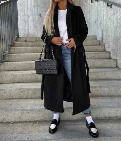 Manteau chic ceinturé à double boutonnage avec poches